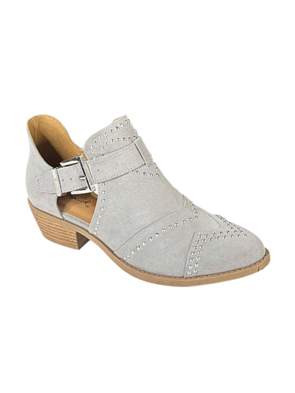 Qupid Sochi-123 Studded Cutout Lt Taupe Su Pu Booties Low Heel Buckle Shoes
